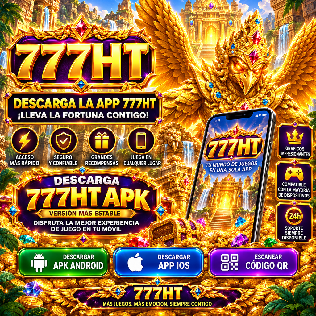 777HT APK con temática de gemas, tesoros, templo dorado y ave guardiana